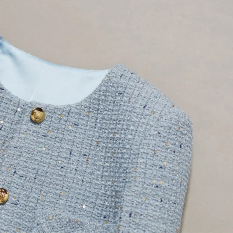 Women's tweed jacketautumn/winter, high-end and fragrant style jacket design for socialites, sequin light blue top