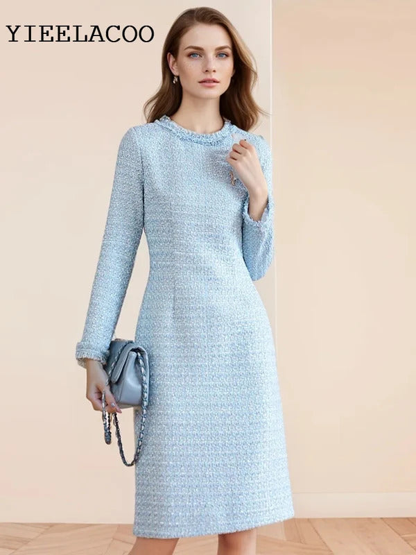 Blue Tweed Dress spring / autumn women's dress  tassel  slim  one-piece  Ladies Classic bottoming dress