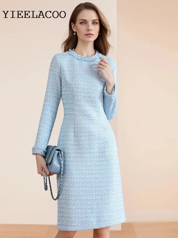 Blue Tweed Dress spring / autumn women's dress  tassel  slim  one-piece  Ladies Classic bottoming dress