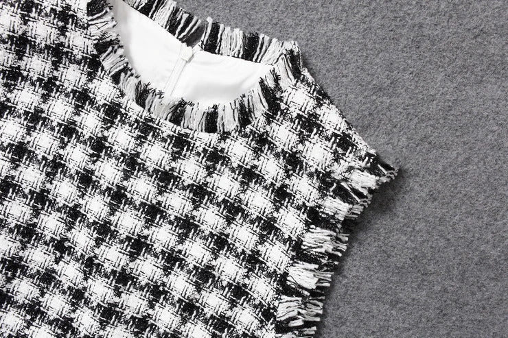 Black White Plaid Tweed Dress New Spring / Summer Autumn Little Fragrance Elegant Office Ladies Slim One-Piece Dress