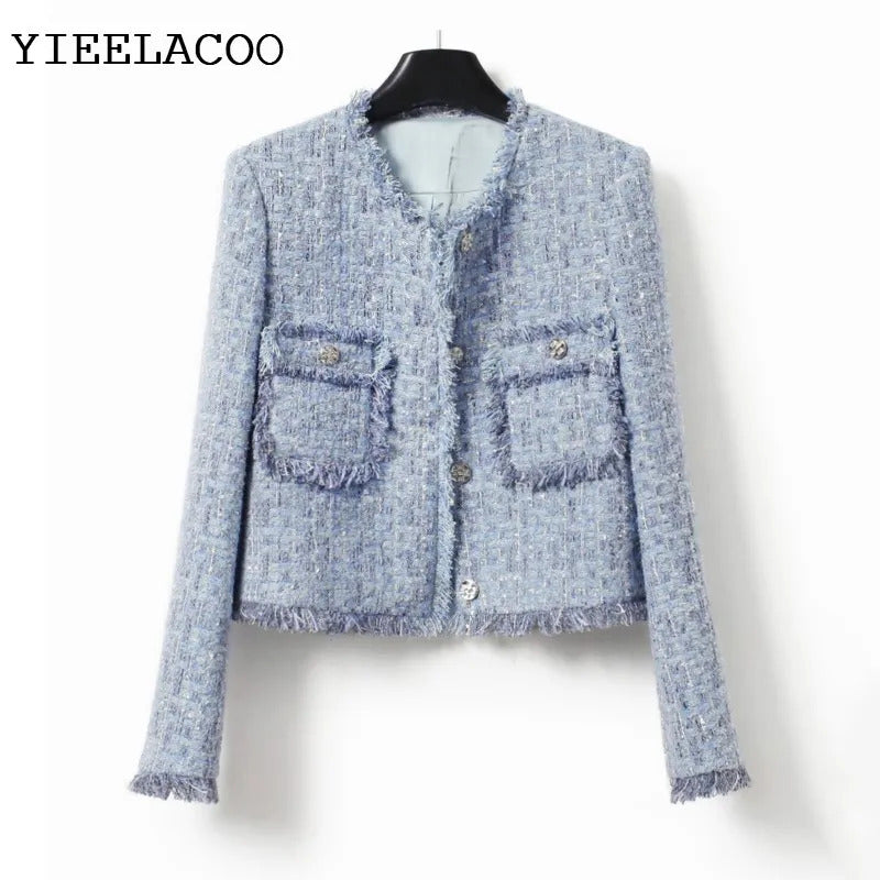 Blue plaid jacket, tweed fashion design, small fragrant style jacket, French exquisite tassel top, classic jacket