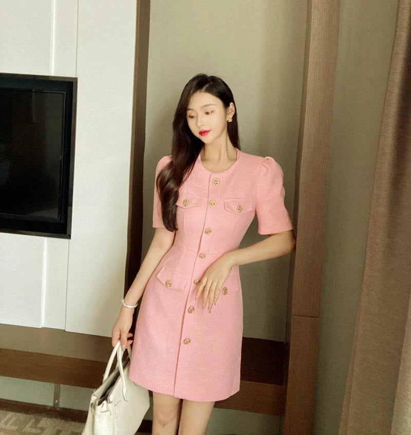 spring / autumn dress Small fragrant wind  New Light Luxury Elegant Mini dress Pink Short sleeve Women Tweed Dress