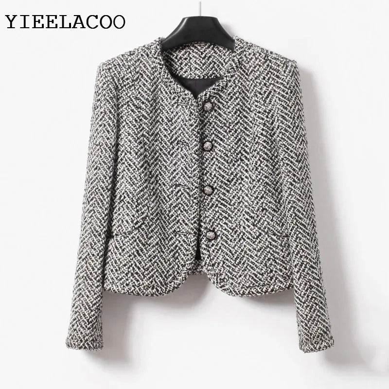 Grey  women's tweed jacket herringbone pattern autumn/winter socialite woven short slimming fragrant style jacket commuting top