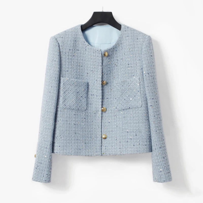 Women's tweed jacketautumn/winter, high-end and fragrant style jacket design for socialites, sequin light blue top