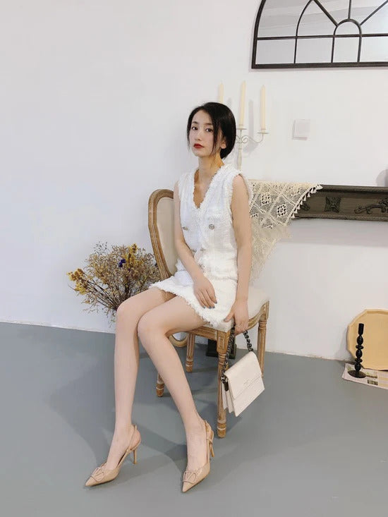 Elegant White Socialite Spring / Autumn Tweed Thin Women's Dress sleeveless fragrance style New bright wire braided Mini dress