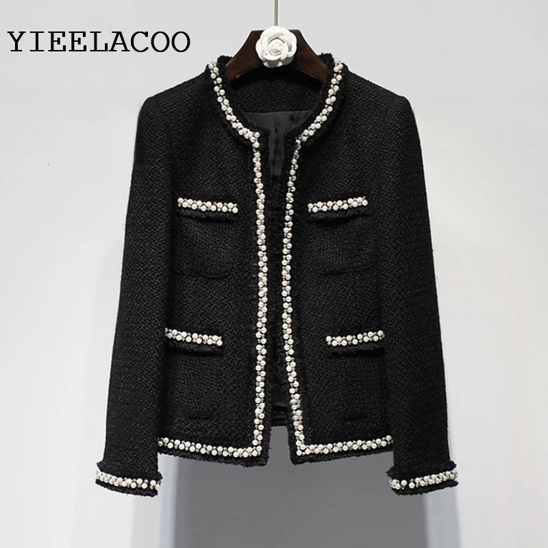 Black tweed women jacket spring / autumn / winter woolen coat new Wool handmade beads classic  jacket Ladies